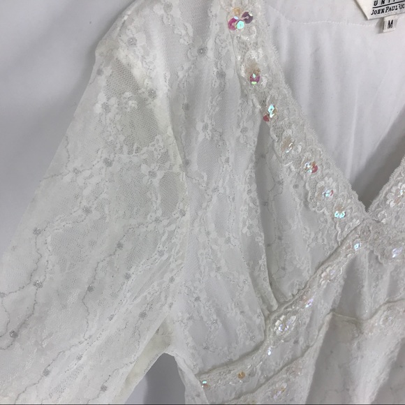 NEW Med 3/4 Sleeve Lace Sequence Off-White V neck Crochet - Picture 8 of 8